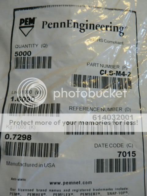 5000 pcs. PEM CLS M4 2 Self Clinch S.S.   Penn Eng  