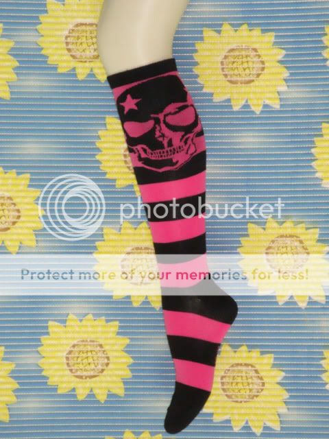 New Women Skull Stripe Deep Pink Knee High Socks b116  