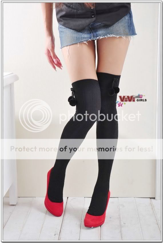 New Solid Black w/ Black Ball Over The Knee Sock d127  